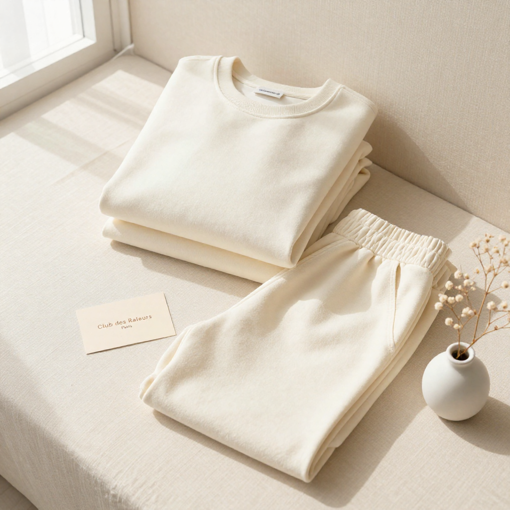 The Emma Lounge Set - bone crewneck and ivory sweatpants folded editorial flatlay