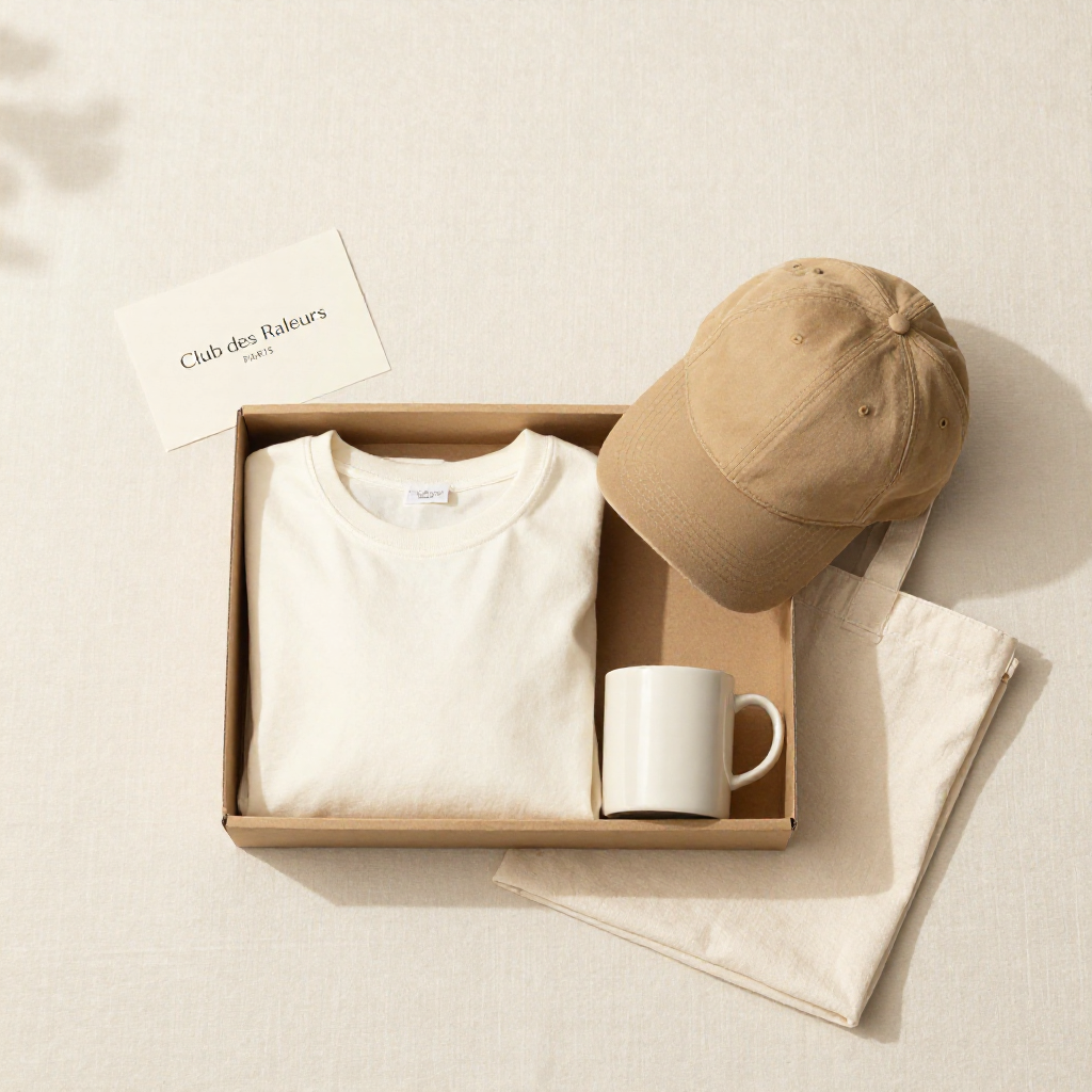 Corporate Gift Box - cream kraft box with tee mug tote cap editorial flatlay