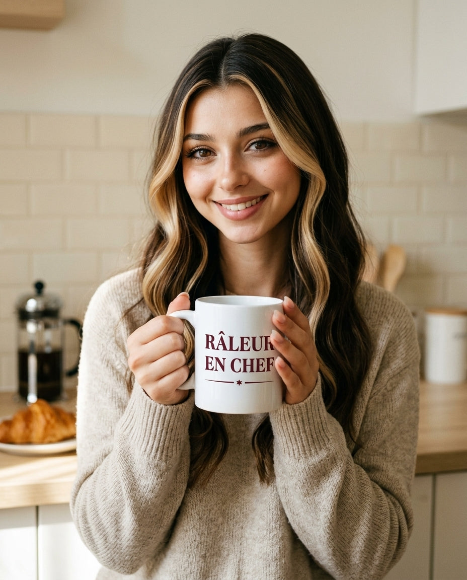Emma holding the Râleur en Chef ceramic mug